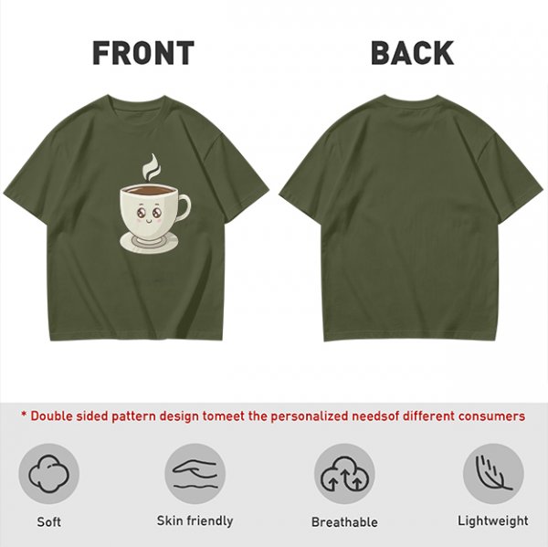 Olive Green T-Shirt With Cute Smiling Steaming Coffee Cup Print