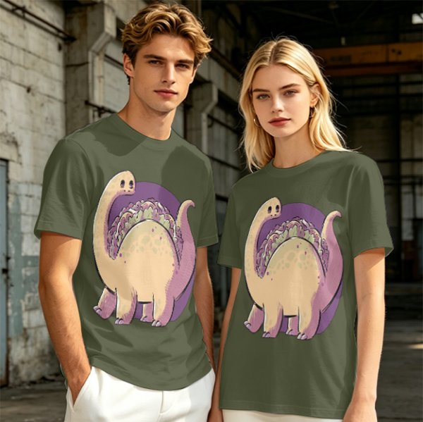 Olive T-Shirt with Cute Brontosaurus Taco Dinosaur Graphic