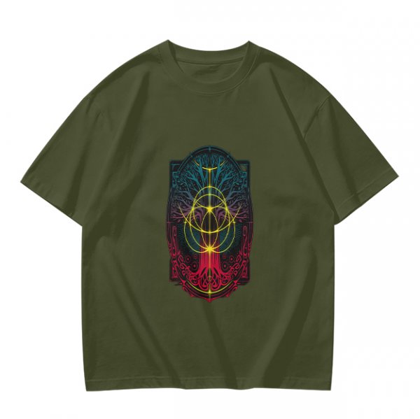 Olive Green T-Shirt With Colorful Mystical Geometric Tree Print