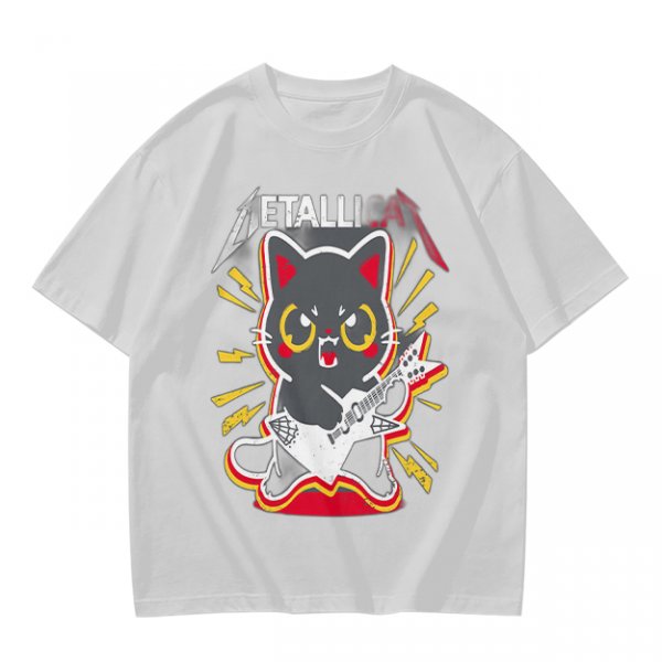 Olive green graphic t-shirt with a cartoon metal cat playing guitar