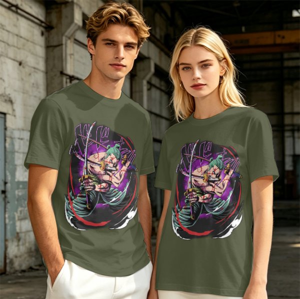 Olive T-shirt with One Piece Roronoa Zoro Three Sword Style Print