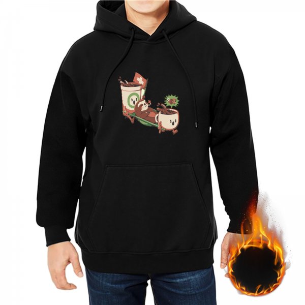 Black hoodie with cute anthropomorphic coffee cups graphic