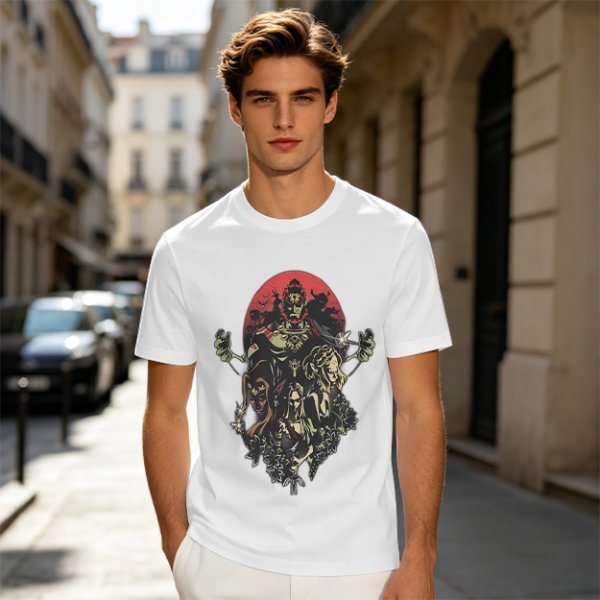 Olive T-Shirt With Dark Fantasy Villain Character Art Print