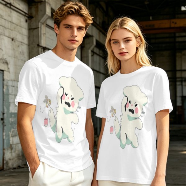 Olive T-Shirt With Angry Fluffy White Creature Swatting At Bee Print