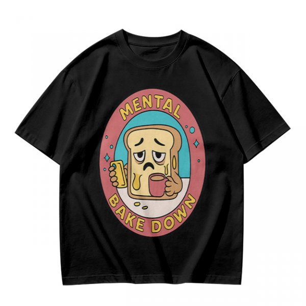Olive T-Shirt with Sad Toast Holding Coffee and Phone Mental Bake Down Print