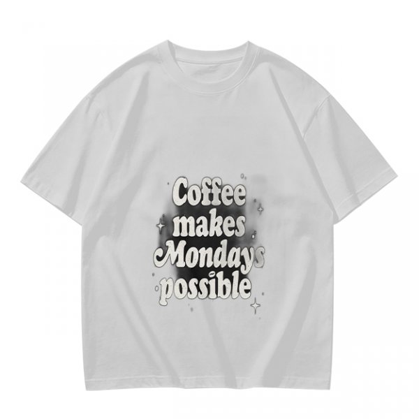 Olive green t-shirt with 'Coffee makes Mondays possible' print