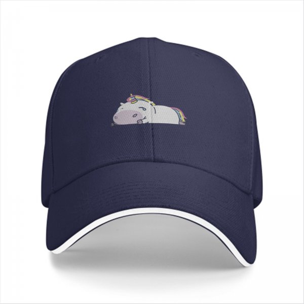Black Baseball Cap With Chubby Lying Unicorn Rainbow Print