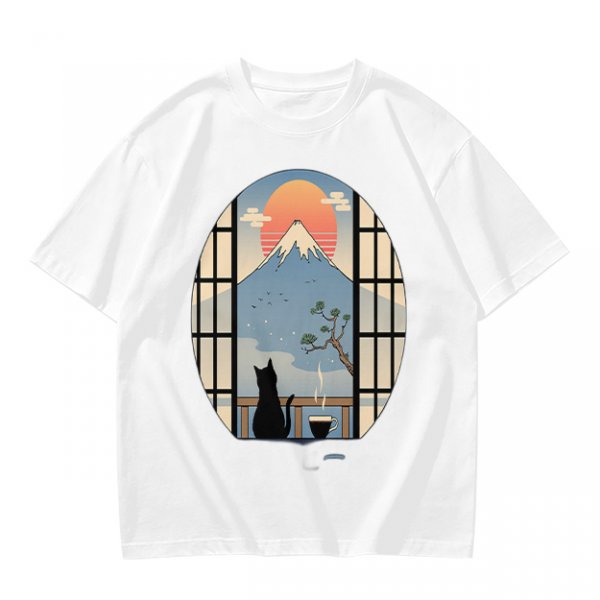 Olive T-shirt with Black Cat Viewing Mount Fuji Sunrise Art