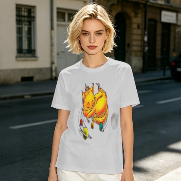 Olive T-Shirt With Sleeping Cosmic Cat And Planets Graphic