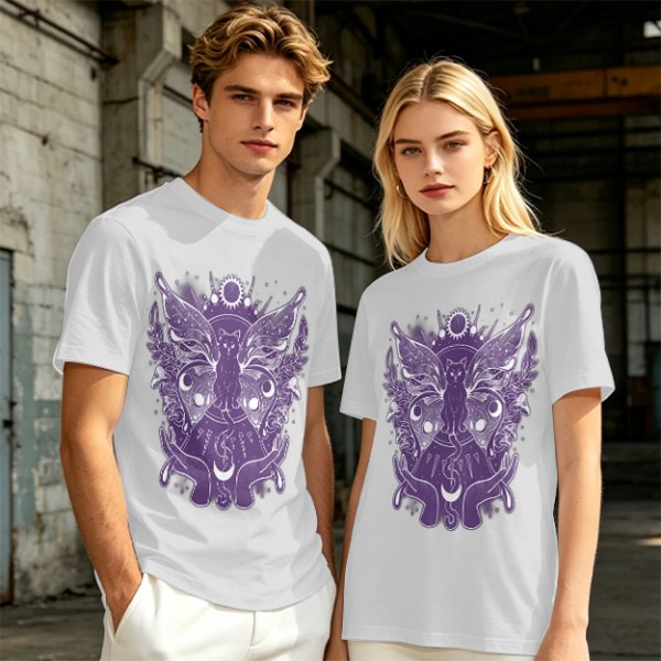 Olive T-Shirt with Celestial Cat Moth and Mystical Hands Print
