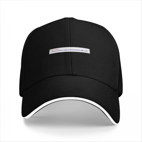 Black baseball cap with small text graphic on front panel