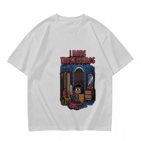Olive t-shirt with 'I Have Trust Issues' chibi knight graphic