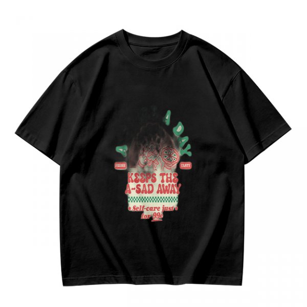 Olive graphic t-shirt with funny cat and 'keeps the a-sad away' text