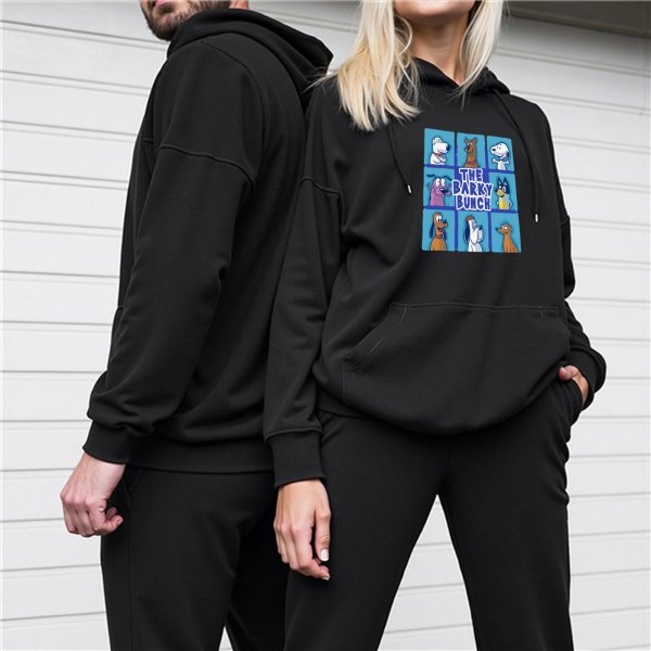 Black hoodie featuring The Barky Bunch cartoon dog characters