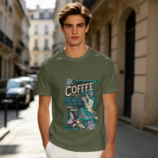 Olive t-shirt with mermaid coffee print 'Coffee Because Luring Sailors Takes Energy'