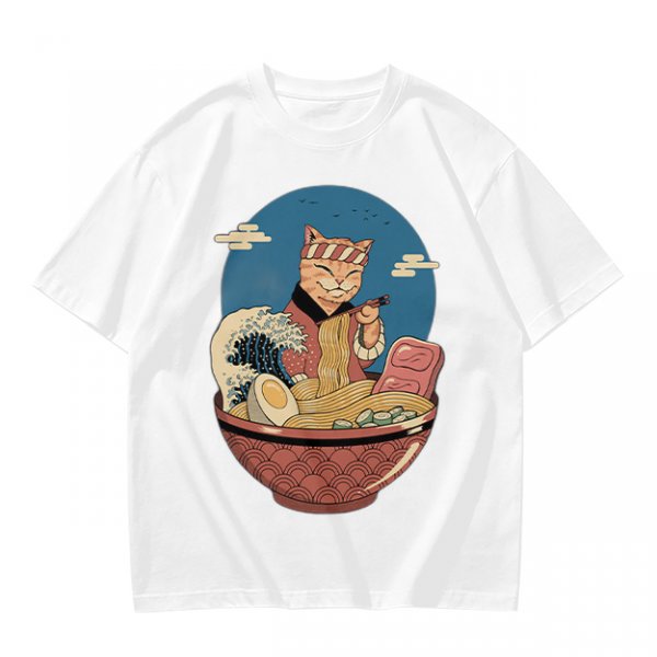 Cat Chef Eating Ramen in Great Wave Bowl T-Shirt
