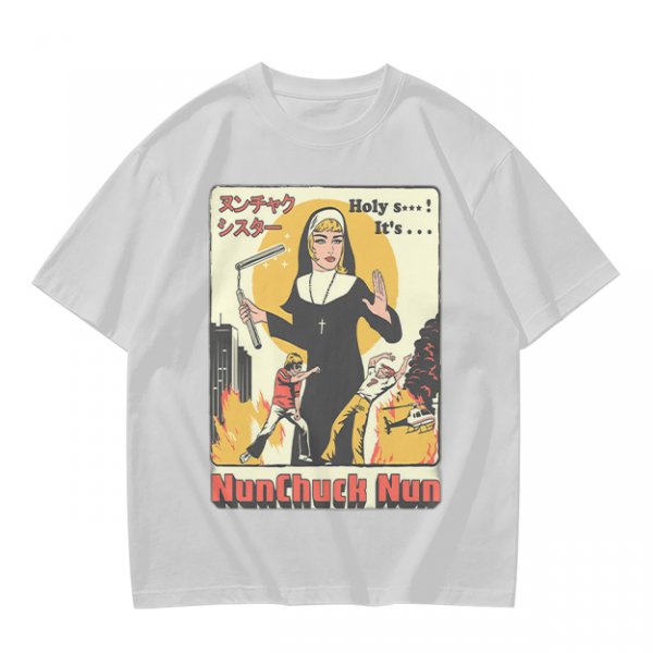 Olive T-shirt with Nunchuck Nun Action Graphic Print