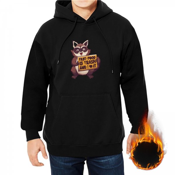 Black hoodie with a raccoon holding a fast food protest sign