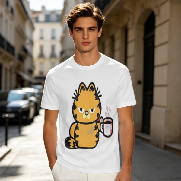 Olive T-Shirt With Grumpy Orange Cat Holding Hot Coffee Print