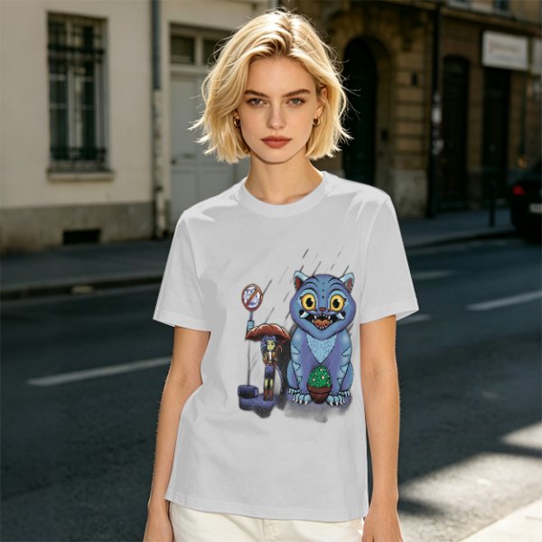 Olive T-Shirt With Whimsical Blue Cat And Mushroom Figure Print