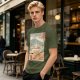 Olive t-shirt with ukiyo-e style ramen cat and Mount Fuji print