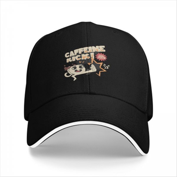 Black baseball cap with caffeine kick cartoon coffee mug graphic
