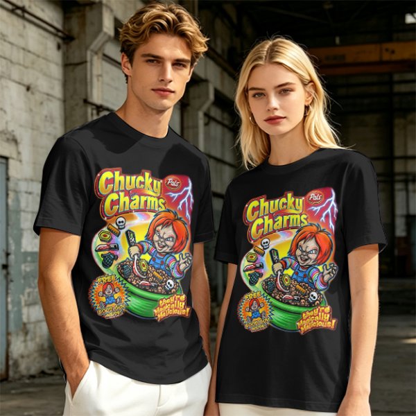 Chucky Charms Horror Cereal Themed Graphic T-Shirt