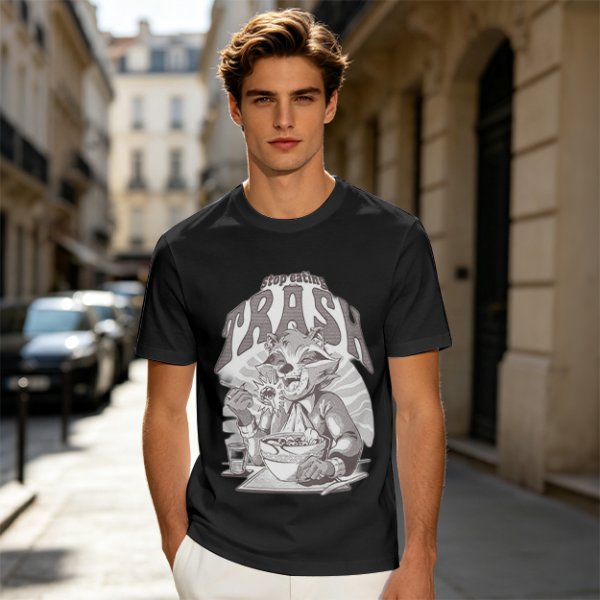 Olive graphic t-shirt with raccoon eating and 'Stop eating TRASH' print