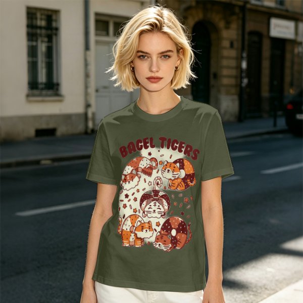 Olive Green T-Shirt With Cute Bagel Tigers Graphic Print