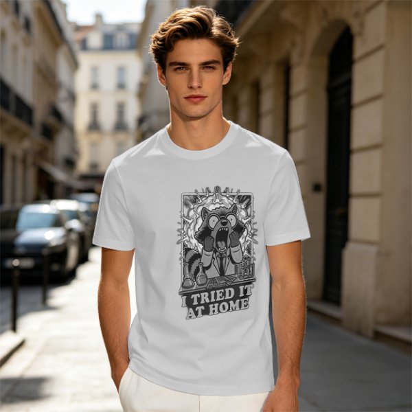 Olive Graphic Tee With Shocked Raccoon Scientist I Tried It At Home Print