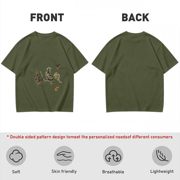 Olive Green T-Shirt With Knight Vs Rooster Fantasy Graphic Print