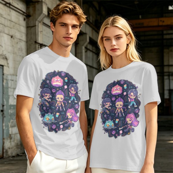 Olive T-shirt with Chibi Fantasy Characters and Whimsical Art Print