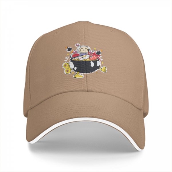 Black baseball cap with cute cartoon character in ramen bowl print