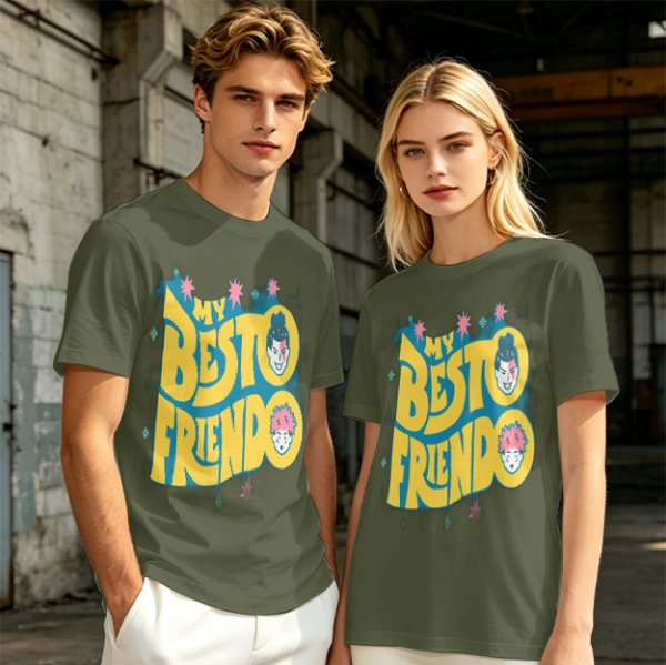 Olive graphic t-shirt with 'MY BESTO FRIENDO' anime character print