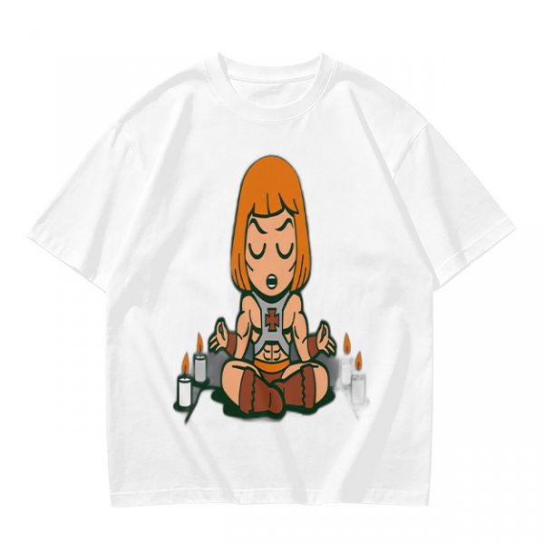 Olive T-shirt with cartoon muscular character meditating surrounded by candles