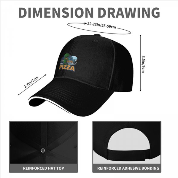 Black baseball cap with alien eating pizza and 'FOR PIZZA' text