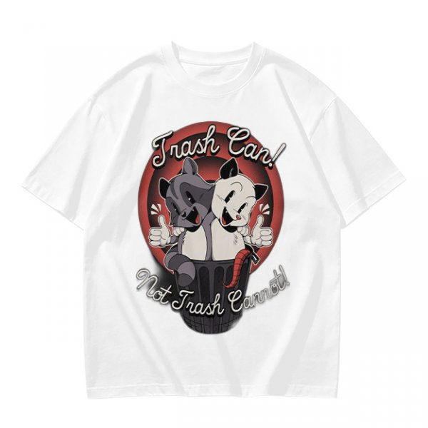 Olive t-shirt with retro cartoon raccoon and dog trash can print
