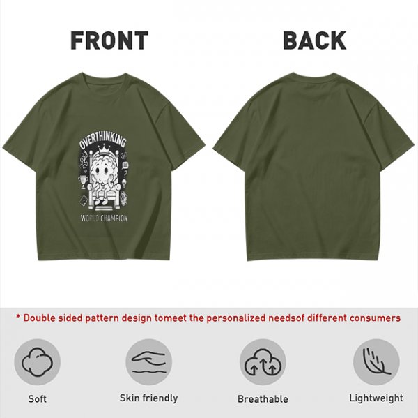 Oversized Army Green T-Shirt with Overthinking World Champion Brain Graphic