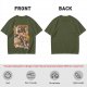 Olive green anime graphic t-shirt with monster and city scene