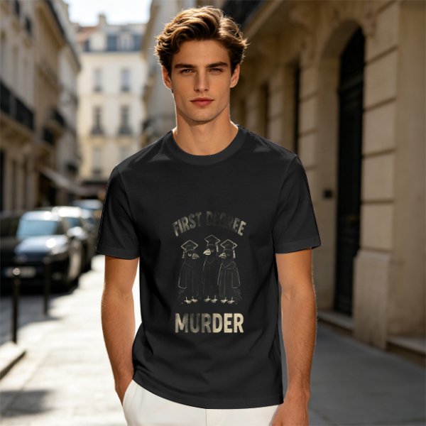 Olive t-shirt with first degree murder crow graduates graphic