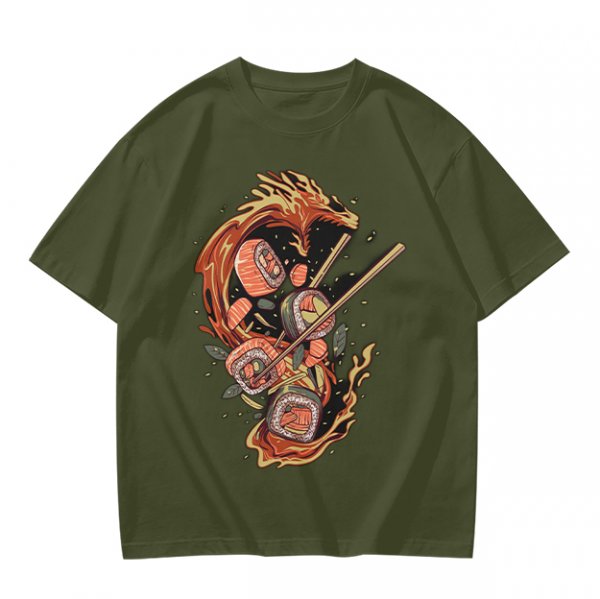Olive T-shirt with Sushi Dragon Chopstick Art Print
