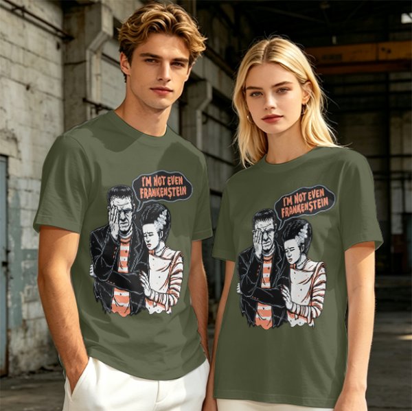 Olive T-shirt with Frankenstein and Bride 'I'm Not Even Frankenstein' Print