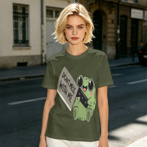 Olive t-shirt with cute frog holding knife and 'Don't mess with me' text