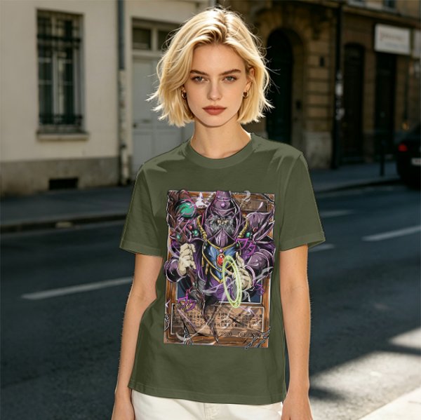 Olive T-Shirt Featuring Fantasy Wizard Card Artwork
