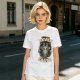 Olive green graphic t-shirt with 'cats were never from earth' alien and cat print