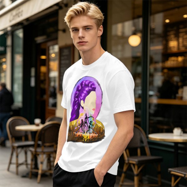 Olive T-Shirt With Purple Haired Woman And Concert Stage Print