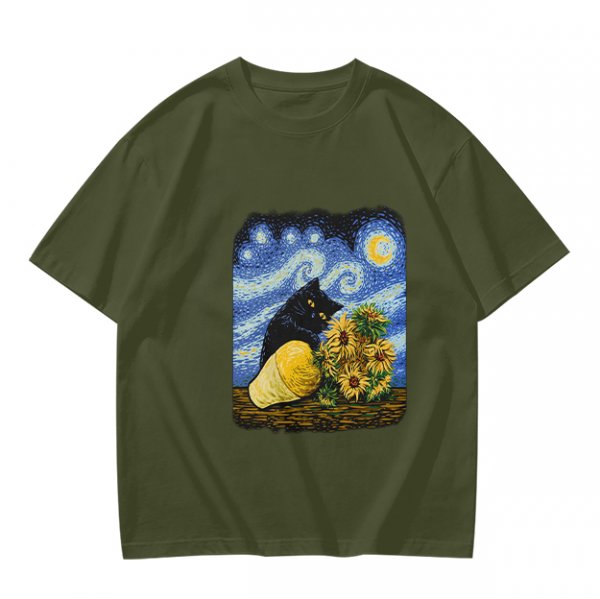 Olive T-Shirt with Starry Night Cat and Sunflowers Art Print
