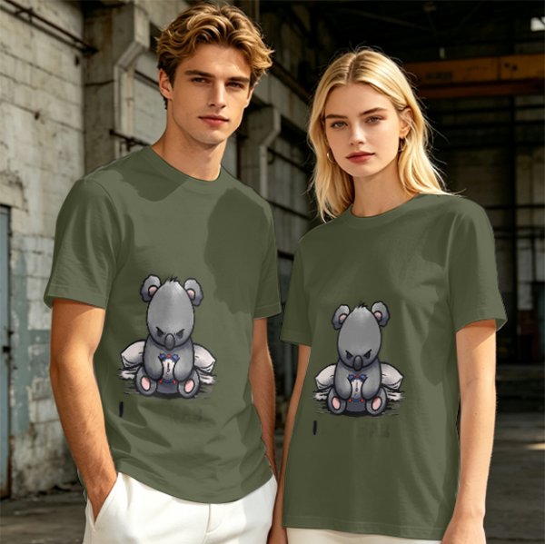 Olive T-shirt with Angry Koala Holding a Small Toy Print