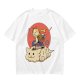 Olive T-shirt with a cat warrior riding a flying cloud graphic