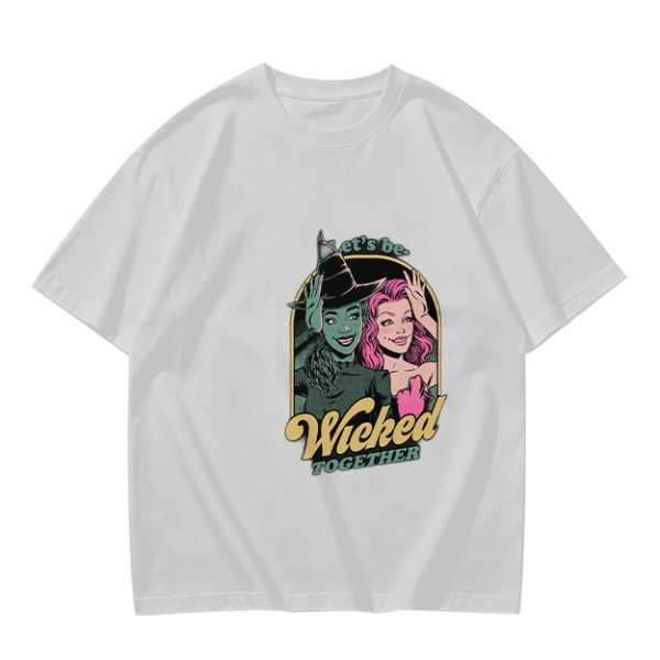 Olive green graphic t-shirt with 'Let's be Wicked Together' witch design
